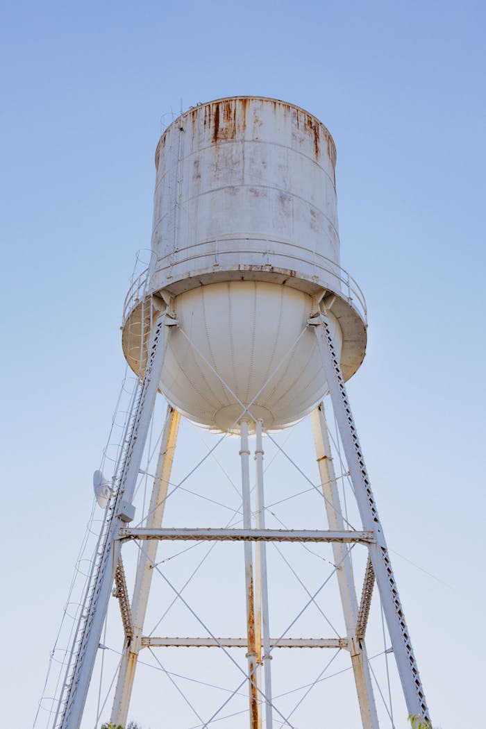 A weathered water tower standing against a clear blue sky in Aguascalientes, México.